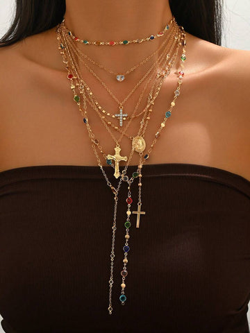 5pcs/Set Vintage Luxury Multi-Layer Rhinestone Cross Necklace, Versatile Jewelry For Daily Wear And Party, Assorted Colored Rhinestone Chain