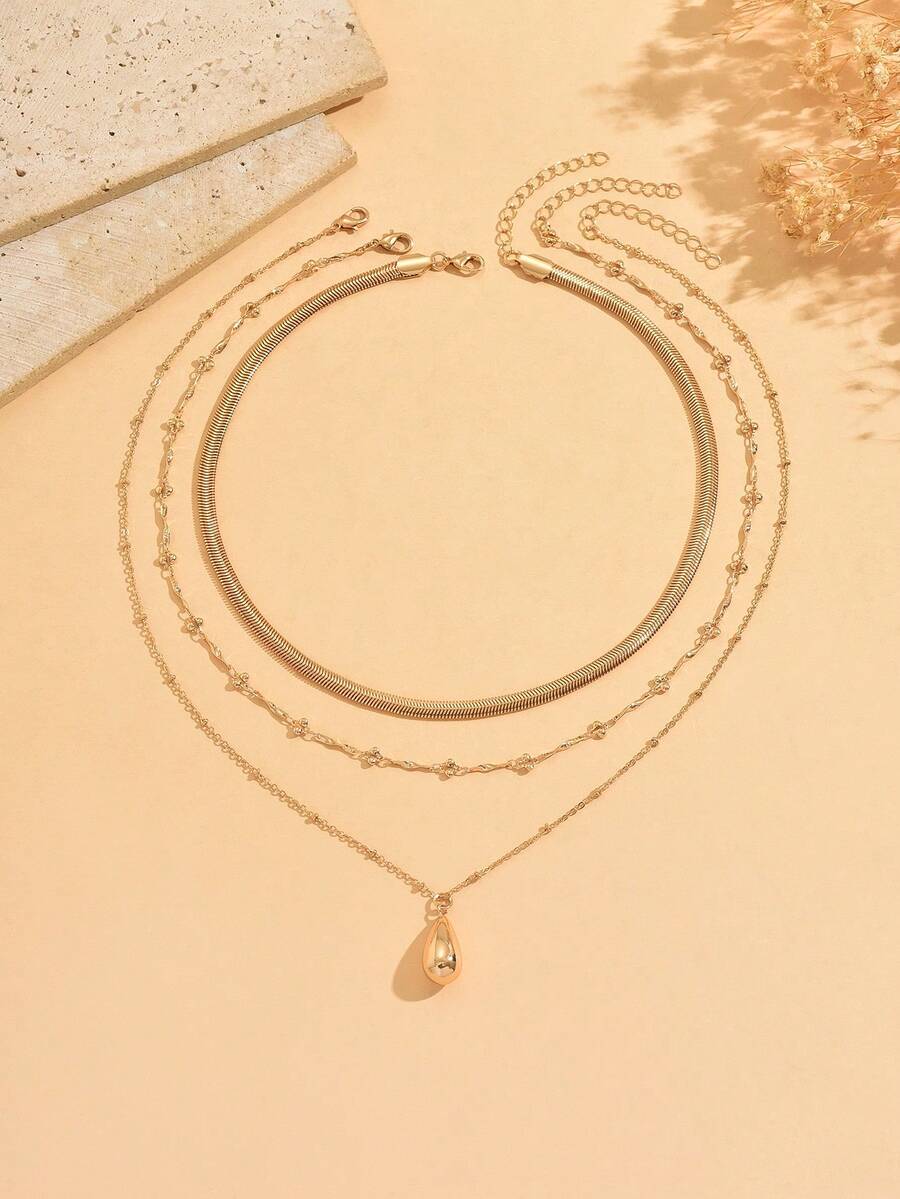 3pcs/Set Gold Tone Chain Necklace Set, Vintage Water Drop Pendant, Fashionable Jewelry Suitable For Daily Wear, Dates, Parties, Music Festivals
