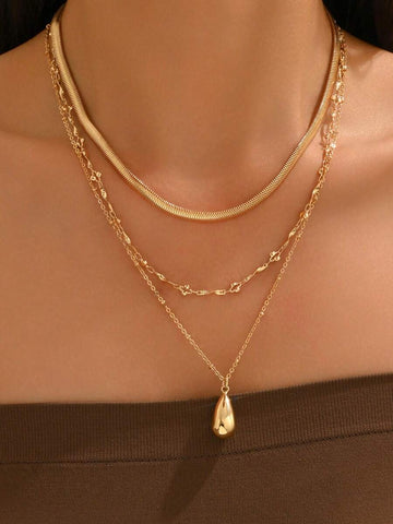 3pcs/Set Gold Tone Chain Necklace Set, Vintage Water Drop Pendant, Fashionable Jewelry Suitable For Daily Wear, Dates, Parties, Music Festivals