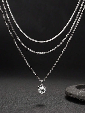 3pcs Stainless Steel Vintage Silver Glow Pendant Necklace Set, Suitable For Men's Daily Wear Or As Gift