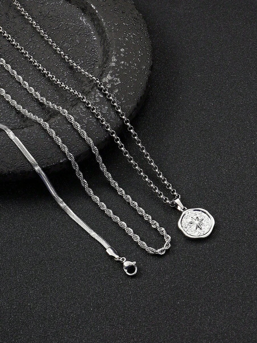 3pcs Stainless Steel Vintage Silver Glow Pendant Necklace Set, Suitable For Men's Daily Wear Or As Gift