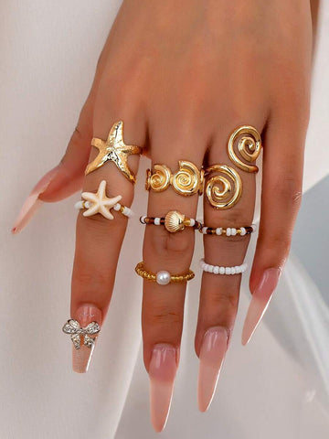 8pcs/Set Ocean Beach Style Starfish Rings, Seed Bead Boho Rings, Shell Rings, Bohemian Jewelry Suitable For Vacation And Daily Wear