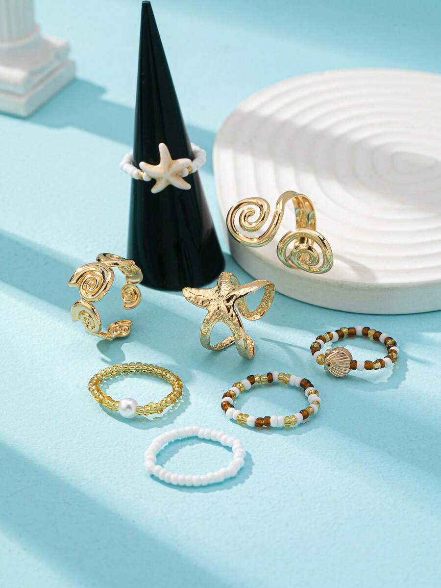 8pcs/Set Ocean Beach Style Starfish Rings, Seed Bead Boho Rings, Shell Rings, Bohemian Jewelry Suitable For Vacation And Daily Wear