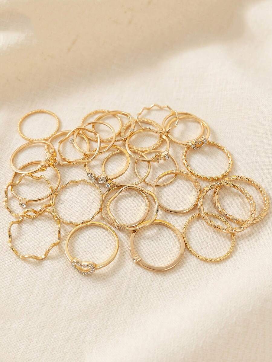 28pcs Heart Shaped Geometric Bohemian Style Rhinestone Decorated Minimalist Wave Knuckle Ring Set, Suitable For Women's Daily Wear, Gift For Birthday, Date, Party, Anniversary, Bestie (Includes Size Chart, Avoid Water Contact, Do Not Forcefully Bend)