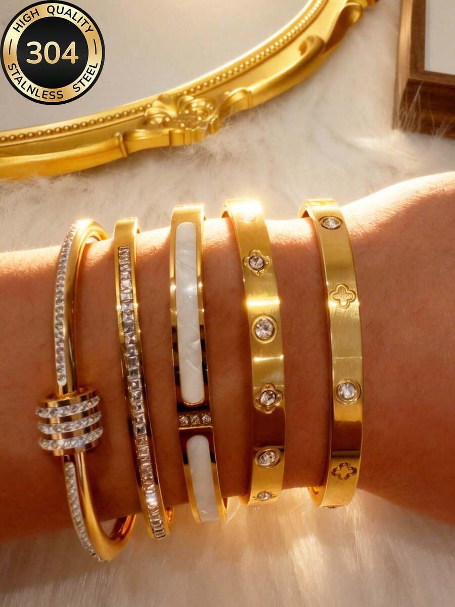 5pcs/Set Minimalist Elegant Luxury Sparkling Star Bangle Bracelets, High-End Titanium Steel Bracelets For Women