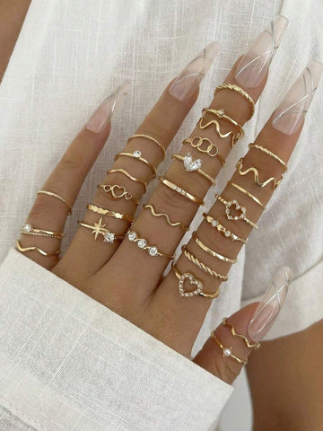 28pcs Heart Shaped Geometric Bohemian Style Rhinestone Decorated Minimalist Wave Knuckle Ring Set, Suitable For Women's Daily Wear, Gift For Birthday, Date, Party, Anniversary, Bestie (Includes Size Chart, Avoid Water Contact, Do Not Forcefully Bend)