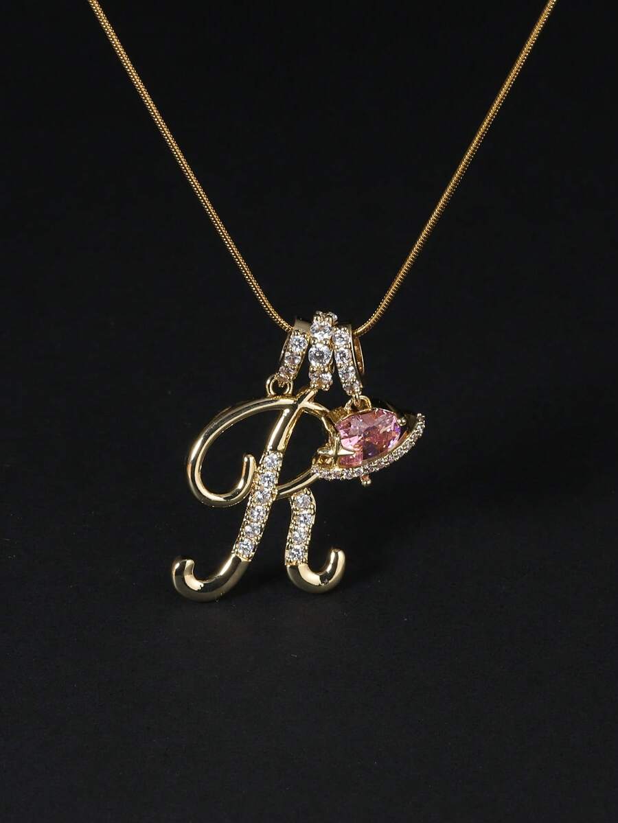 1pc Cubic Zirconia Heart-Shaped Necklace With 26 English Alphabet Design, Classic Vintage Pendant Necklace, Suitable For Daily Wear Or Gatherings, Perfect For Valentine's Day Gift