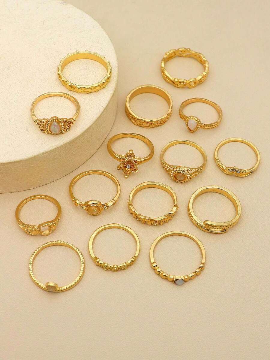 15pcs Gemstone & Rhinestone Decor Ring