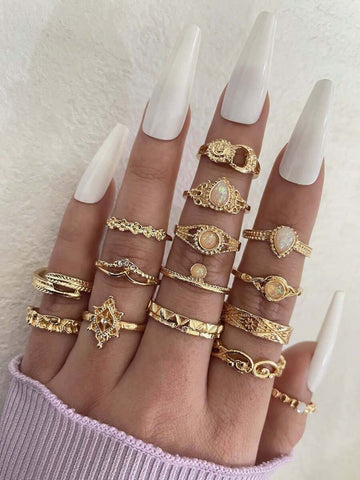 15pcs Gemstone & Rhinestone Decor Ring