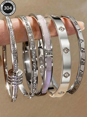 5pcs/Set Personalized Multi-Color Stainless Steel Bracelet & Bangle Set, Unique Design, Fashionable, Multi-Element, Exquisite Ideal Gift, Non-Fading Jewelry, Stylish