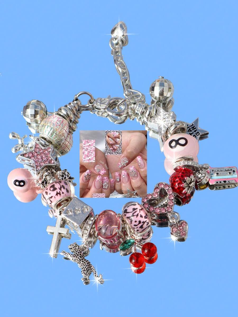 1pc Leopard Print Billiard Ball Charm Bracelet, 1pc Cherry Cross Music Festival Bracelet, 1pc Leopard Print Star Girl Bracelet