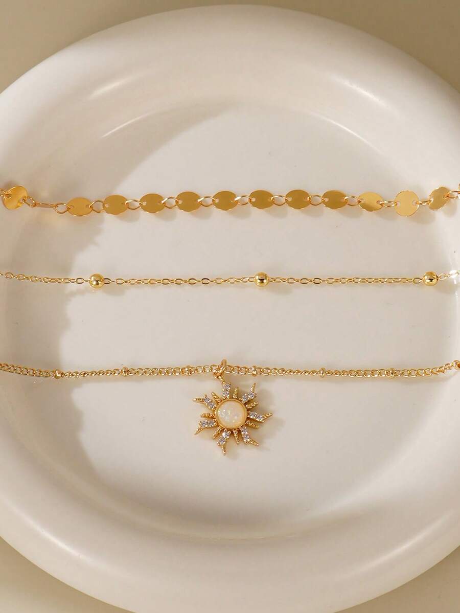 3pcs/Set Delicate Sun Pendant Necklace, With Disc & Beaded Chain, Multi-Layer Wearable Women's Daily Fashion Jewelry (Bead Quantity Random)