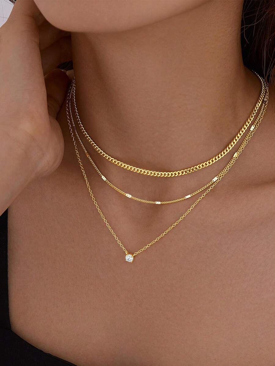 3pcs Set Minimalist Woven Beaded Necklace, Gold Tone, Multi-Layer Pendant Necklace Set, Suitable For Women's Daily And Party Wear