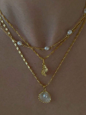 1 Set Of 3pcs Shell, Pearl & Seashell Necklace, Beach Style Necklace Set, Suitable For Women's Daily Wear