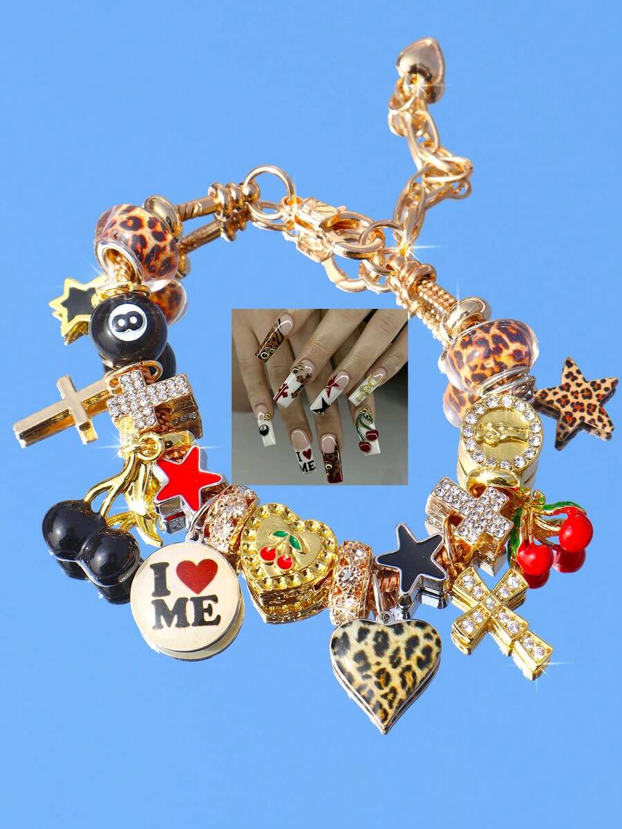 1pc Cute Red Cherry Charm Bracelet, Leopard Print Star Girl Bracelet, Black 8 Ball Dark Bracelet, Cross Star Bracelet, Punk Music Festival Bracelet