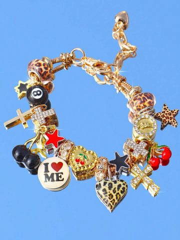 1pc Cute Red Cherry Charm Bracelet, Leopard Print Star Girl Bracelet, Black 8 Ball Dark Bracelet, Cross Star Bracelet, Punk Music Festival Bracelet