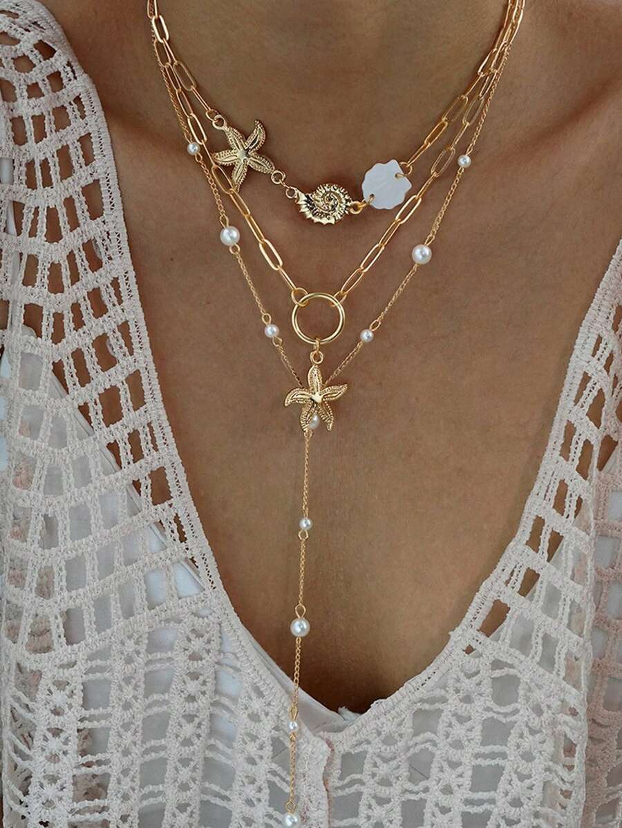 3pcs Ocean Vacation Style Starfish, Flower, Shell, Seashell, Pearl Chain Y-Necklace, Suitable For Beach, Daily, Party Wear, Gift For Friends And Girlfriends (Note: Some White Shell Pieces May Have A Slight Curve At The End, Please Order Carefully ...