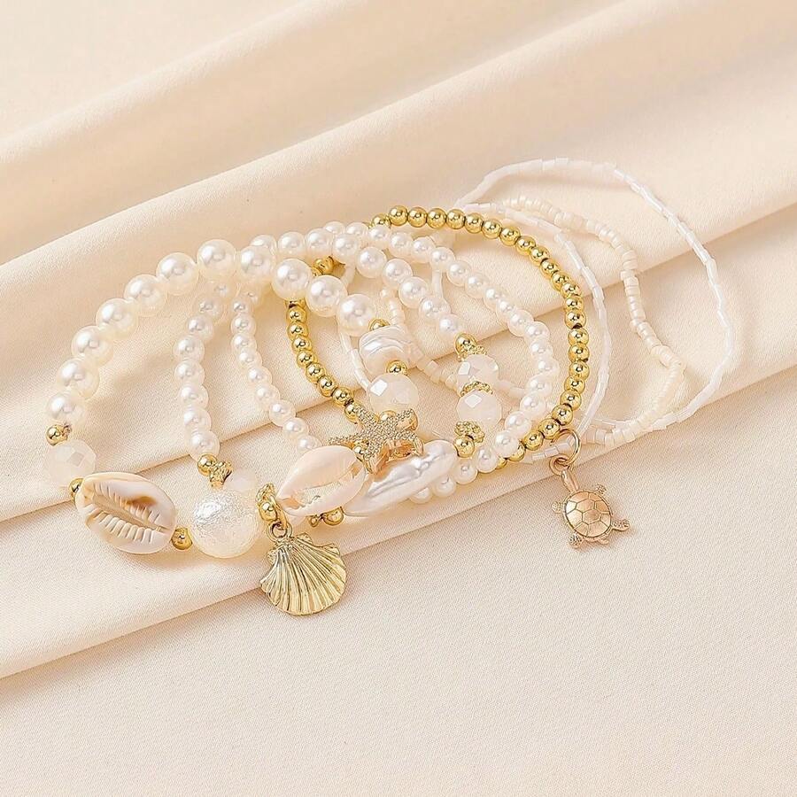 7pcs/Set Shell Pearl & Starfish Beaded Layered Bracelet Set, Boho Style Stackable Design, Suitable For Women, Beach Vacation Casual Wear, Random Shell Pattern, Great Gift Idea, Also Suitable For Party, Wedding, Bride Bracelet, Bride Fashion Access...