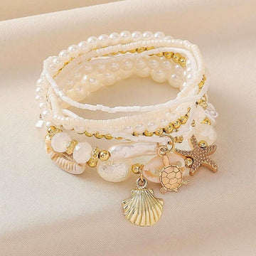 7pcs/Set Shell Pearl & Starfish Beaded Layered Bracelet Set, Boho Style Stackable Design, Suitable For Women, Beach Vacation Casual Wear, Random Shell Pattern, Great Gift Idea, Also Suitable For Party, Wedding, Bride Bracelet, Bride Fashion Access...