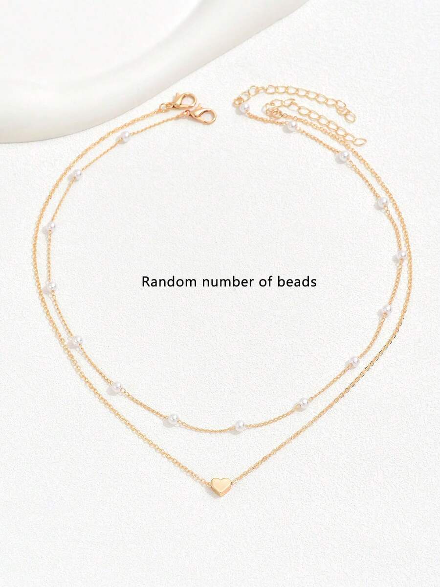 2pcs Heart Shaped Faux Pearl Decor Layered Adjustable Necklace Set For Women