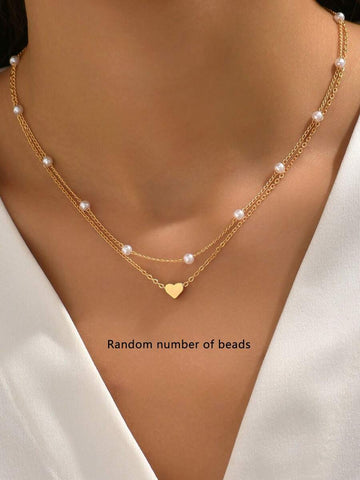 2pcs Heart Shaped Faux Pearl Decor Layered Adjustable Necklace Set For Women