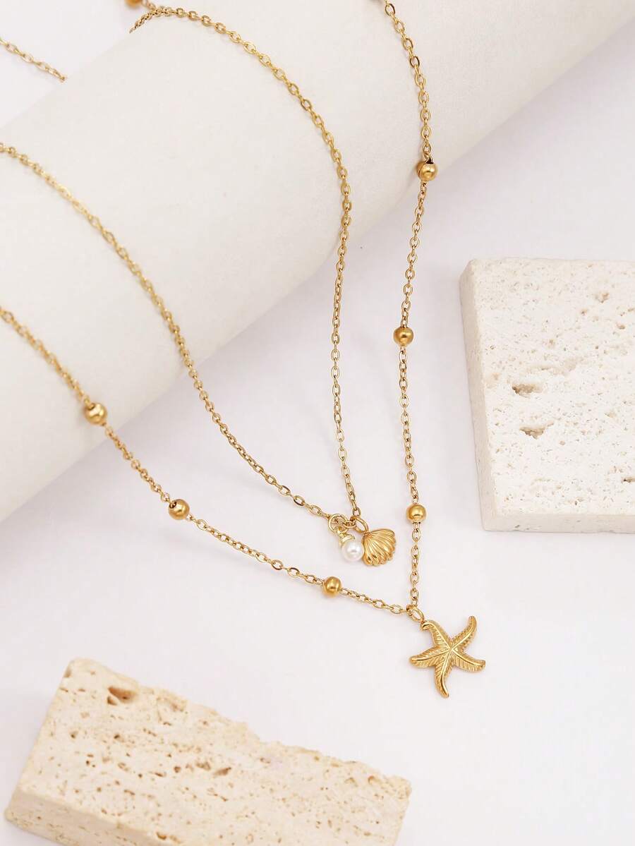 2pcs Seashell Necklace Set For Women Adjustable Starfish Seashell Faux Pearl Pendant Necklace Jewelry For Summer Beach Holiday Everyday Wear