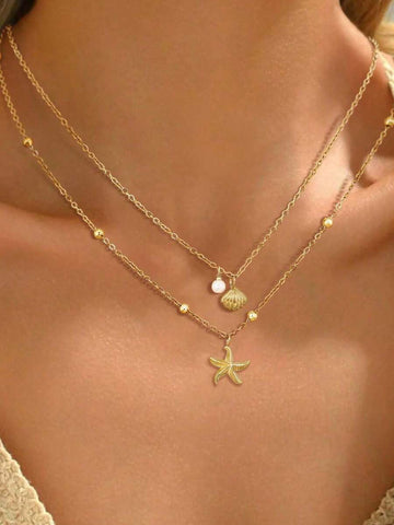 2pcs Seashell Necklace Set For Women Adjustable Starfish Seashell Faux Pearl Pendant Necklace Jewelry For Summer Beach Holiday Everyday Wear