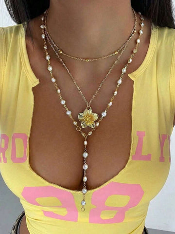 2pcs Vintage Bohemian Style Metal Shell & Faux Pearl Flower Tassel Necklace Set, Suitable For Daily Wear & Beach Vacation, Women Jewelry (Slight Variation In Flower Design, Actual Item Prevails)