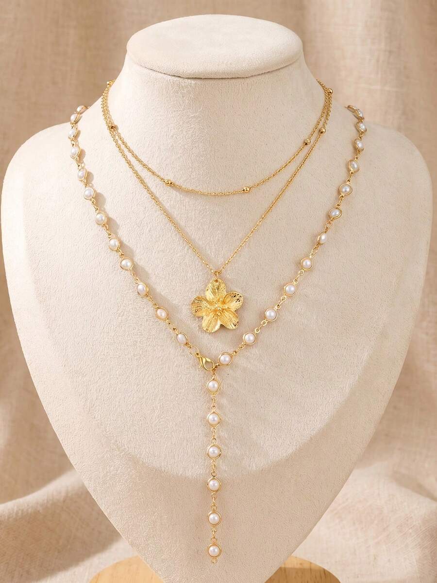 2pcs Vintage Bohemian Style Metal Shell & Faux Pearl Flower Tassel Necklace Set, Suitable For Daily Wear & Beach Vacation, Women Jewelry (Slight Variation In Flower Design, Actual Item Prevails)