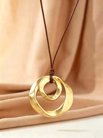 Hegaze 1pc Vintage Asymmetrical Double-Ring Leather Cord Pendant Necklace For Women