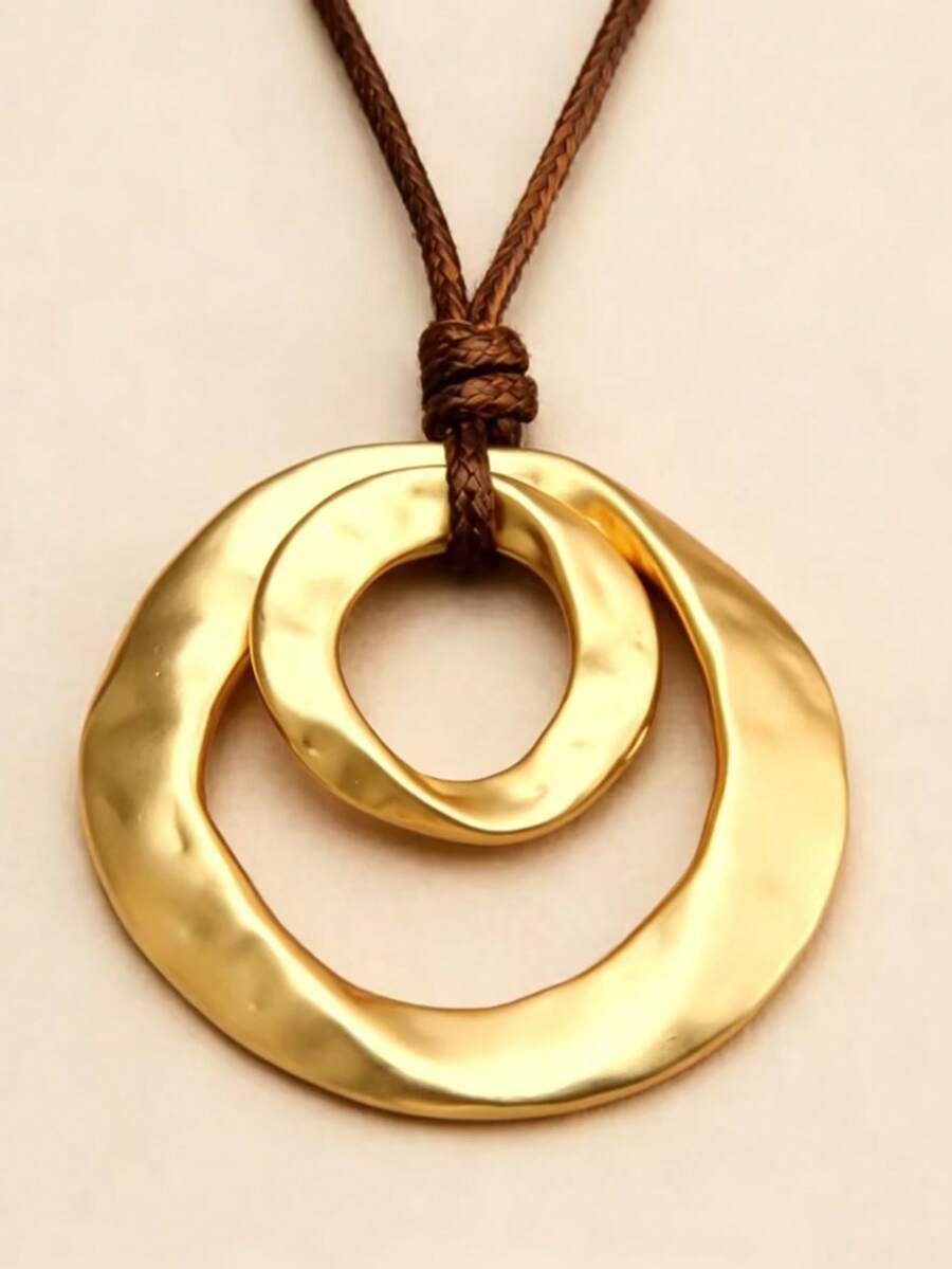 Hegaze 1pc Vintage Asymmetrical Double-Ring Leather Cord Pendant Necklace For Women