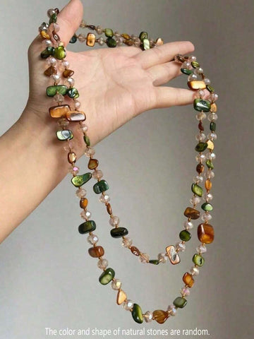 Bohemian Style Colorful Shell & Glass Multi-Layer Necklace, Women's Long Necklace For Spring/Summer, Cross-Border Creative European & American Style