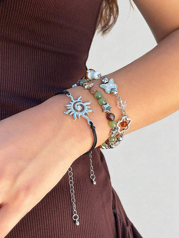 ROMWE 3pcs/Set Fashionable Minimalist Geometric Spiral/Star/Flower/Butterfly/Mushroom Beaded Bracelet Set, Valentine's Day/Mother's Day Gift