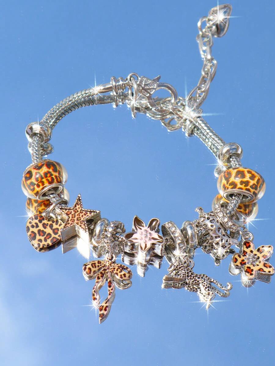 1pc Leopard Print Leopard & Cherry Blossom Charm Bracelet, Leopard Print Star Bracelet, Leopard Print Heart Cherry Blossom DIY Bracelet, Leopard Print Leopard Bracelet, Fashionable Cherry Blossom Golden Bracelet